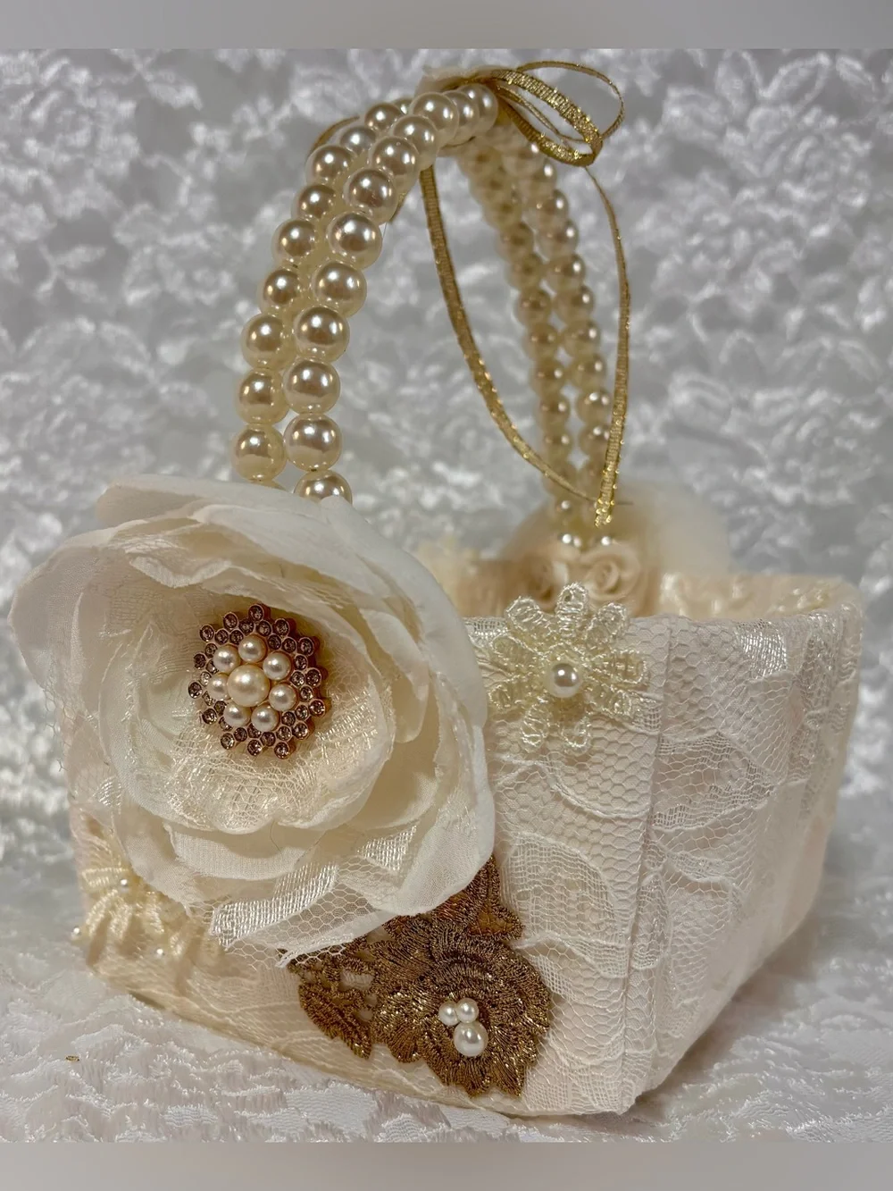 🌸 Handmade Ivory, Cream and Gold Ring Pillow and Flower Basket